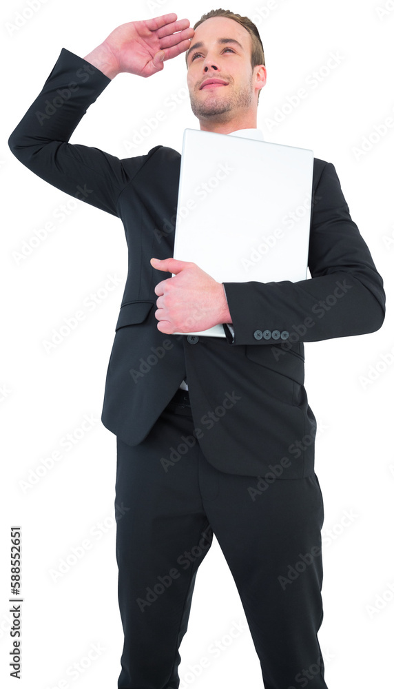Smiling businessman looking and holding laptop Smiling businessman looking and holding laptop