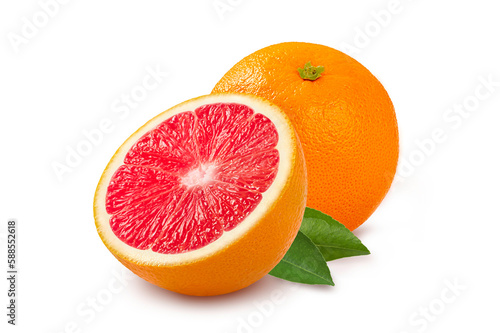 Gvitamin Grapefruit with half and leaves on white background.