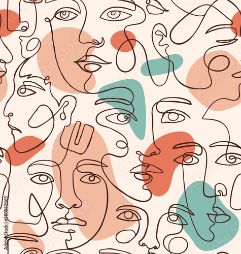 Line female faces seamless pattern. Repeating design element for printing on fabric. Modern fashionable template in continuous line style. Aesthetics and elegance. Cartoon flat vector illustration