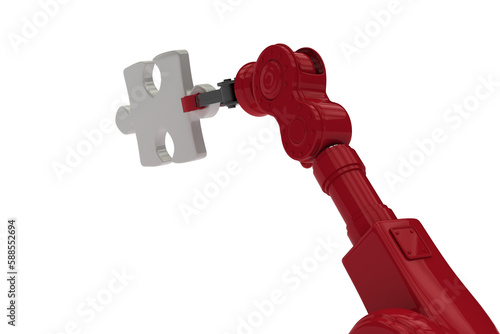 Cropped image of red robotic hand with gray jigsaw piece © vectorfusionart