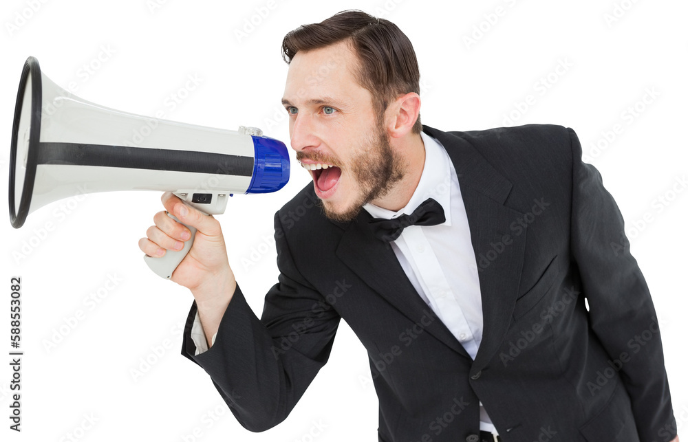 Geeky businessman shouting through megaphone Geeky businessman shouting through megaphone