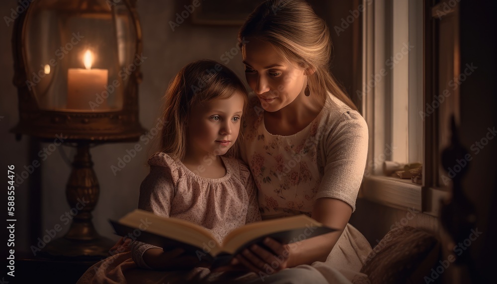 A moment of a mother and child cuddled up together reading a book, with soft lighting and cozy surroundings. Mother's Day. Generative AI A moment of a mother and child cuddled up together reading a book, with soft lighting and cozy surroundings. Mother's Day. Generative AI