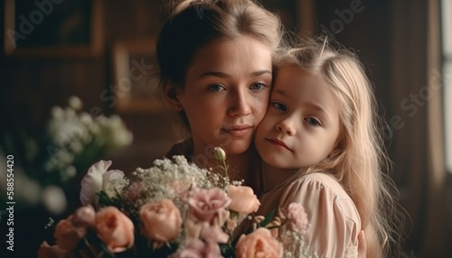 Little girl holding flowers, hugging her mother and celebrating mother's day. Generative AI