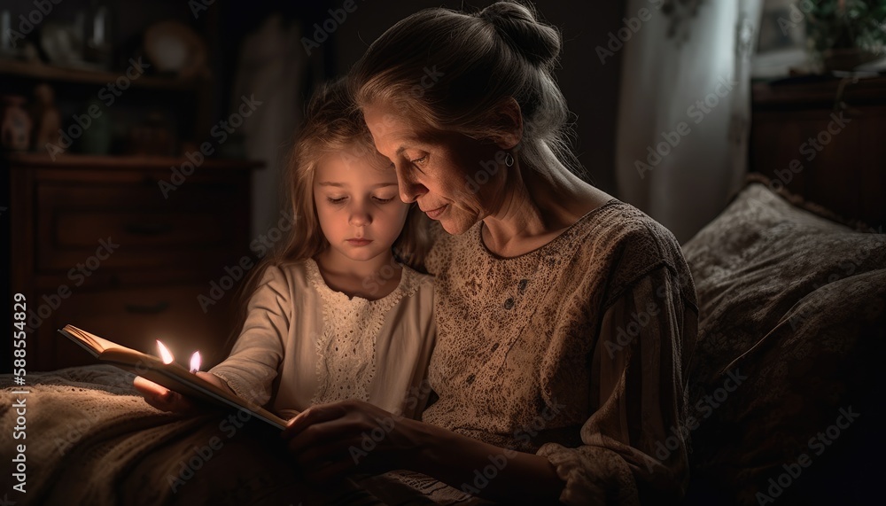 A moment of a mother and child cuddled up together reading a book, with soft lighting and cozy surroundings. Mother's Day. Generative AI