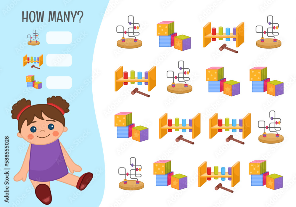 Counting educational children game, math kids activity sheet. How many objects task. Vector illustration of a cute doll.
Counting educational children game, math kids activity sheet. How many objects task. Vector illustration of a cute doll.