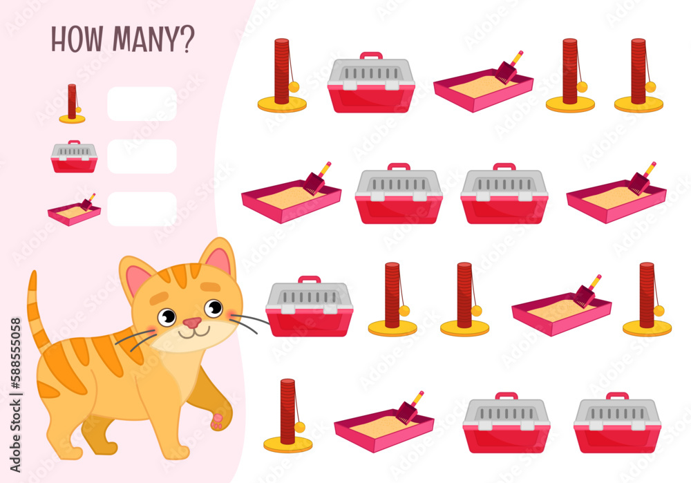 Counting educational children game, math kids activity sheet. How many objects task. Vector cartoon illustration of a cute ginger kitten..