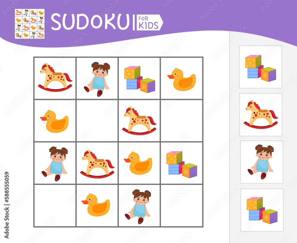 Sudoku game for children with pictures. Kids activity sheet. Vector illustration of cartoon toys.
Sudoku game for children with pictures. Kids activity sheet. Vector illustration of cartoon toys.