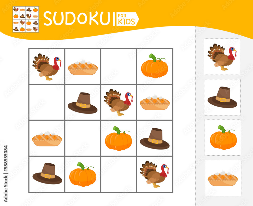 Sudoku game for children with pictures. Kids activity sheet. Thanksgiving day vector cartoon objects.
Sudoku game for children with pictures. Kids activity sheet. Thanksgiving day vector cartoon objects.
