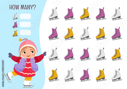 Counting educational children game, math kids activity sheet. How many objects task. Vector illustration of a cute girl skating.
