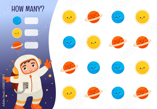 Counting educational children game, math kids activity sheet. How many objects task. Vector illustration of a cute boy in a space suit.
