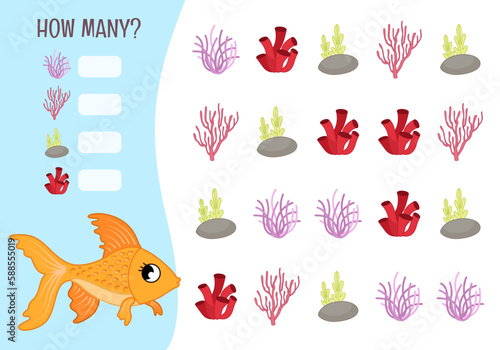 Counting educational children game, math kids activity sheet. How many objects task. Vector illustration of a cute goldfish.
