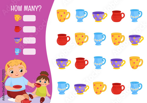 Counting educational children game, math kids activity sheet. How many objects task. Vector illustration of a cute little girl playing with a doll.
