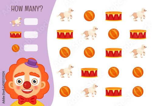 Counting educational children game, math kids activity sheet. How many objects task. Vector illustration of a cute clown.
