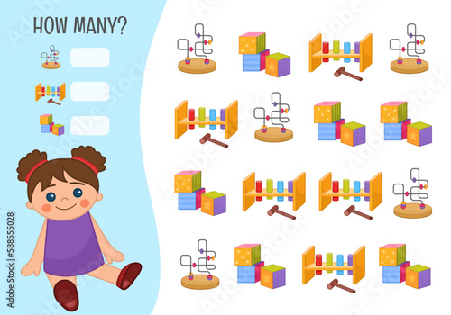 Counting educational children game, math kids activity sheet. How many objects task. Vector illustration of a cute doll.

