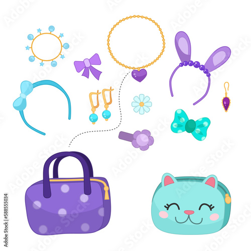 Matching children educational game. Arrange the jewelry in the makeup bag by color. Activity for pre sсhool years kids and toddlers.