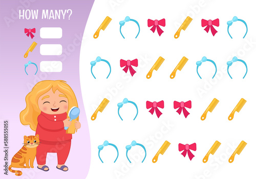 Counting educational children game, math kids activity sheet. How many objects task. Vector illustration of cartoon cute girl combing her hair..