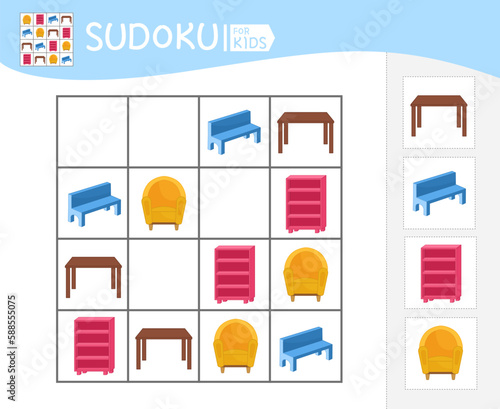 Sudoku game for children with pictures. Kids activity sheet. Vector illustration of cartoon furniture.
