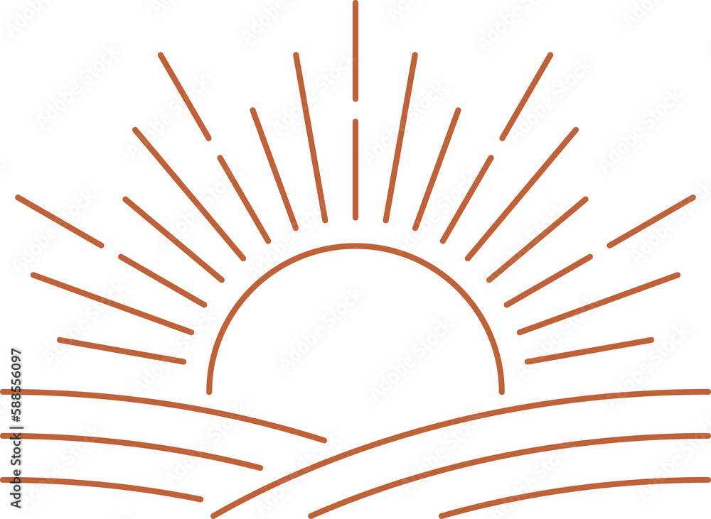 Sunset or sunrise boho logo, sun and field hills Sunset or sunrise boho logo, sun and field hills