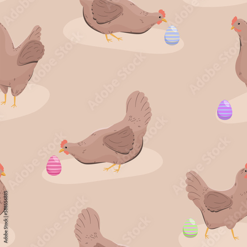 Kura i kolorowe jajka wielkanocne. Świąteczny wielkanocny wzór. Kurczaki i pisanki. Ilustracja wektorowa.