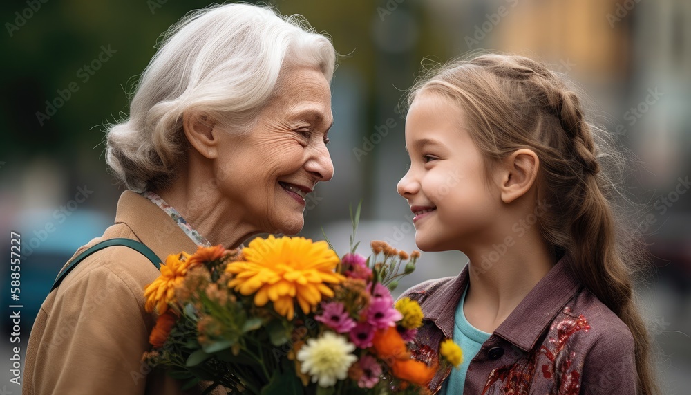 Mother receiving a bouquet of flowers from her child, with a bright smile on both their faces. Mother's Day. Generative AI