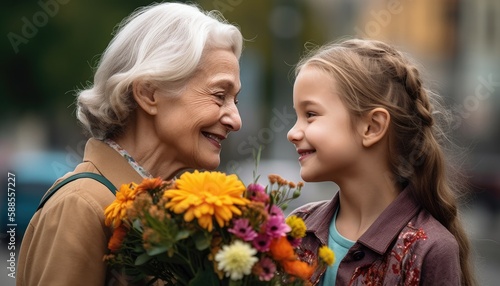 Mother receiving a bouquet of flowers from her child, with a bright smile on both their faces. Mother's Day. Generative AI