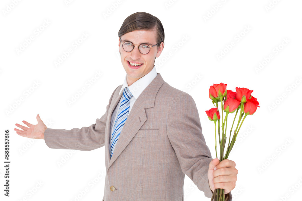 Geeky hipster offering bunch of roses Geeky hipster offering bunch of roses