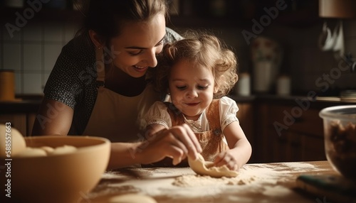 Mother and child bonding over a shared activity  such as cooking or crafting. Mother s Day. Generative AI