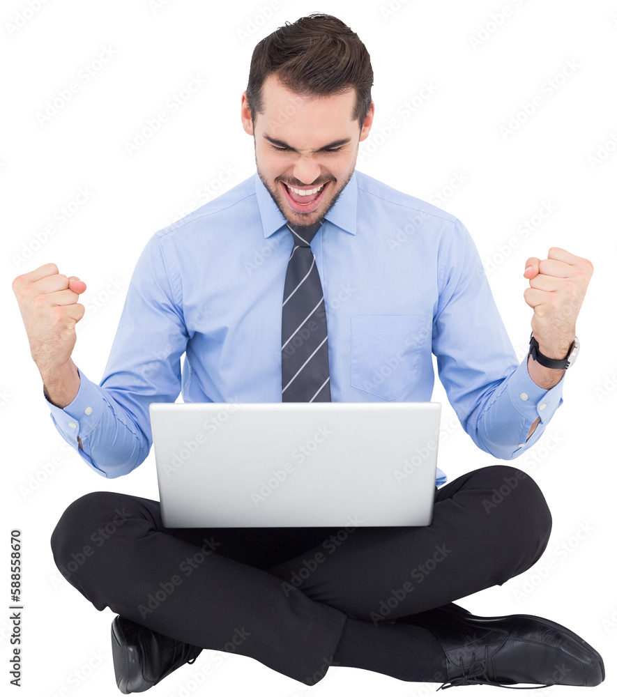 Businessman sitting with his laptop cheering Businessman sitting with his laptop cheering