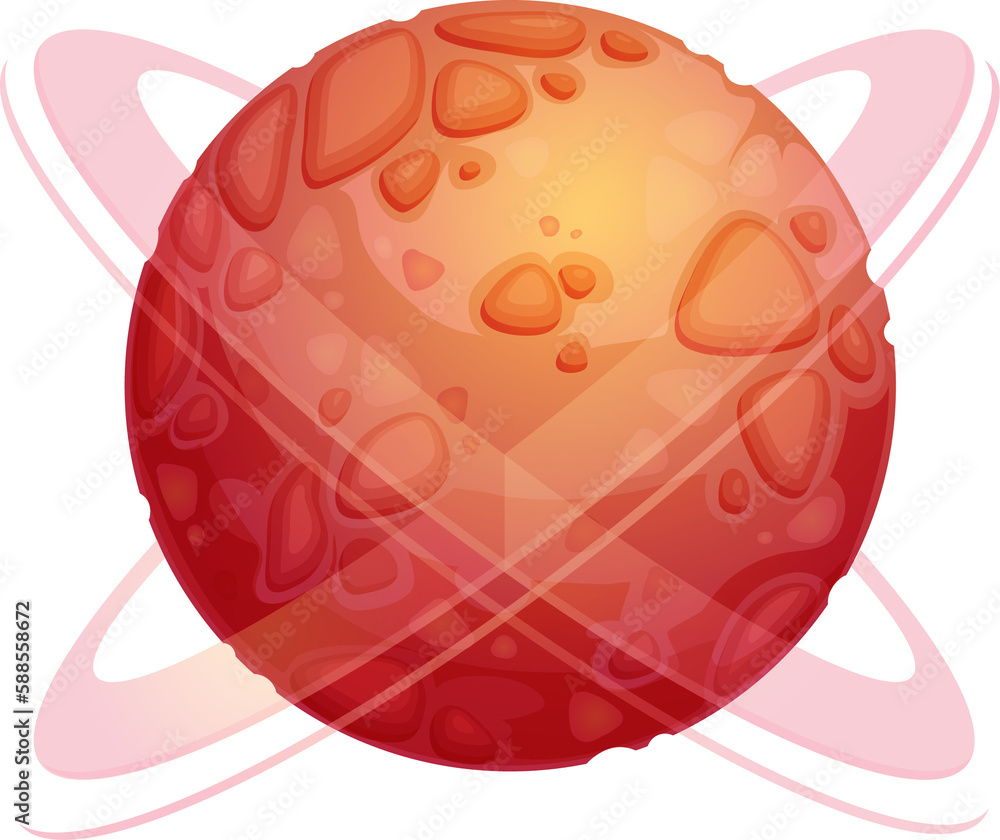 Cartoon red space planet with craters and rings Cartoon red space planet with craters and rings