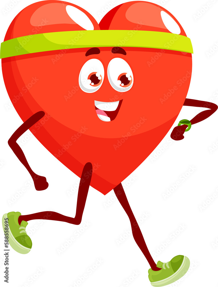 Fototapeta premium Cartoon running heart character with sport tracker