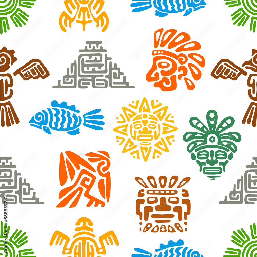 Obraz premium Mayan civilization, Aztec totems seamless pattern