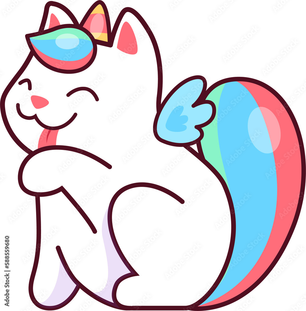 Cartoon cute kawaii caticorn character wash a leg Cartoon cute kawaii caticorn character wash a leg