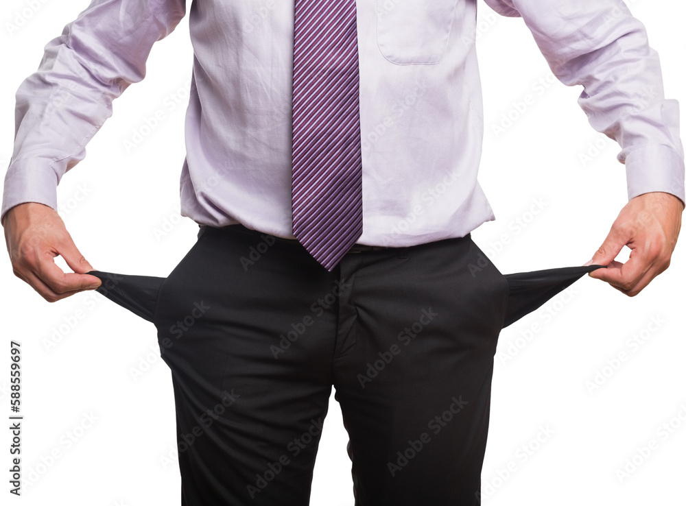 Midsection of businessman with pockets pulled out Midsection of businessman with pockets pulled out