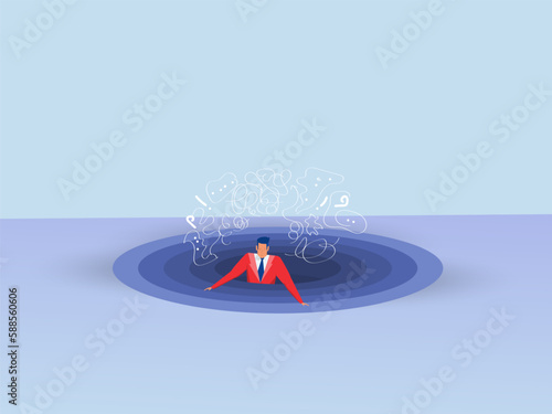 Depressed and business failure concept,
men falling in a black hole for help signs warn of danger, signs warn of danger,  out of a hole Vector illustration 
