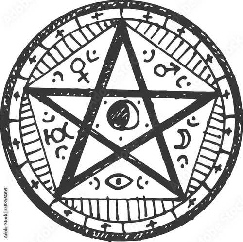 Foto Sun masonry symbol, magic star, mystic circle coin