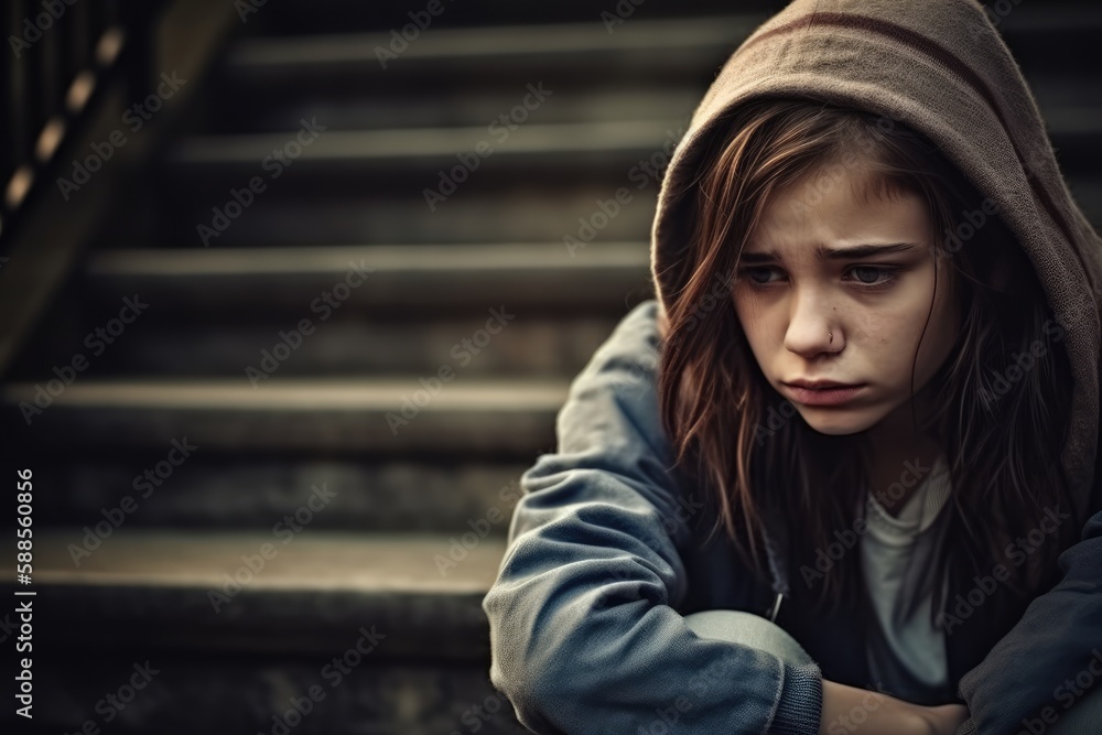 Depressed and sad teenage girl sitting in stairs. Generative AI Depressed and sad teenage girl sitting in stairs. Generative AI
