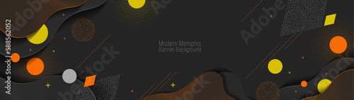 Modern Memphis Banner Background, illustration dark black color with geometric elements for web page,  blog, cover, ad, greeting card.