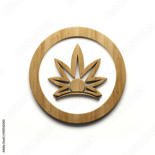 Cannabis plant seal in wood color leaves with sunnrise inside icon isolated on white background. 3D Render illustration photo