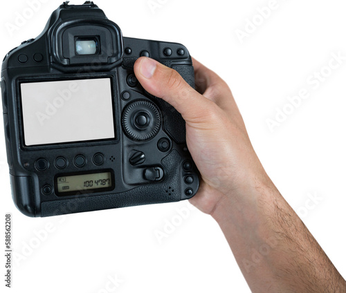 Cropped hand of photographer holding camera 