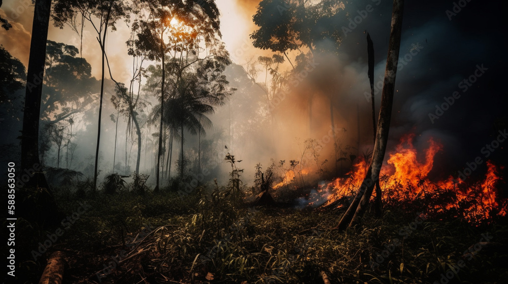 Fires in forest - global climate change Burning rainforest Generative AI - obrazy, fototapety, plakaty 