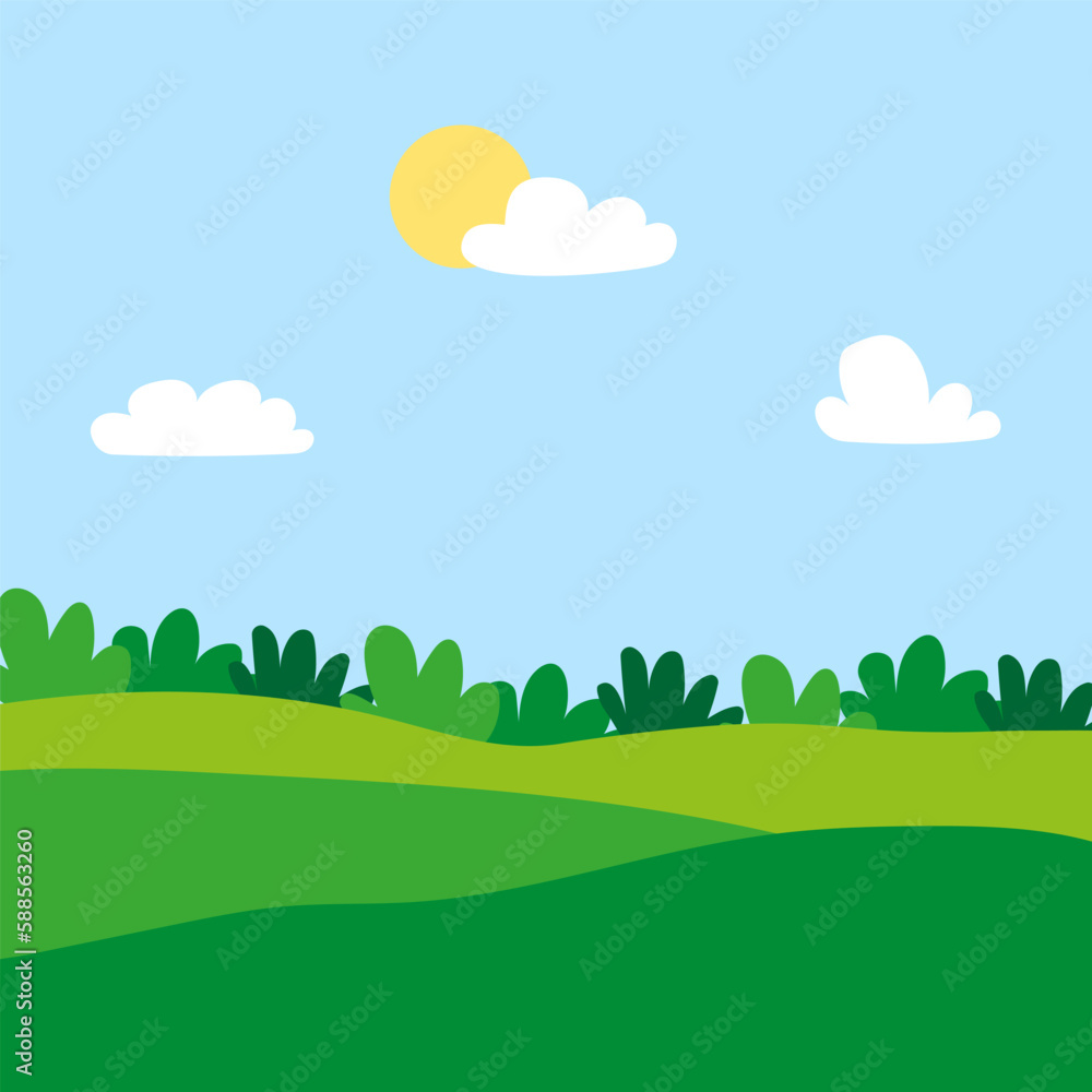 green cartoon meadow sun. Hills horizon. Vector illustration.