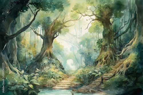 Watercolour painting of a dense forest with towering trees - Generative AI