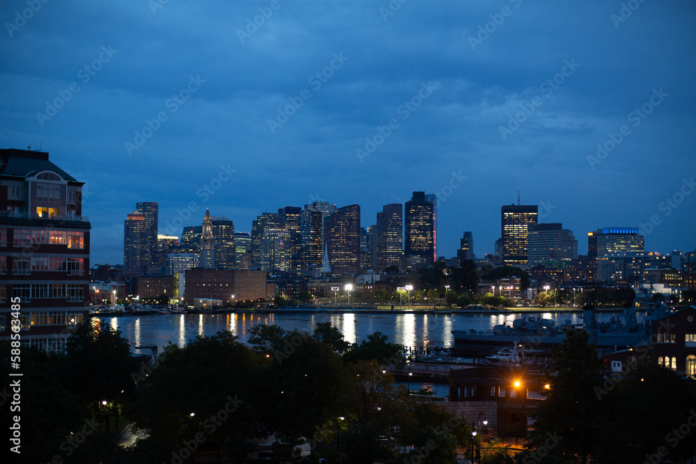 Boston Skyline at Night from Navy Yard