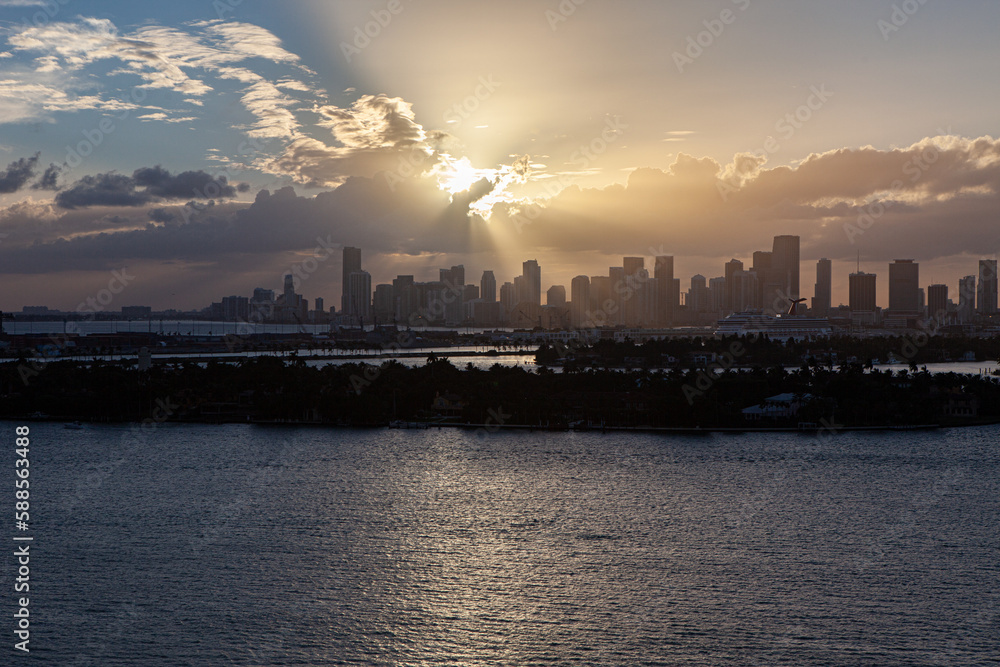 Miami Downtown Skyline Sunset With Striations in Clouds