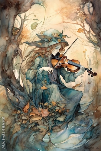 Fairy player, beautiful woman spirit playing violin, irish fiddle in enchanted forest, AI generative watercolor illustration