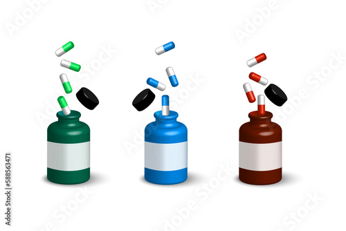pills fall into bottles. Realistic 3d vector. Vector illustration.