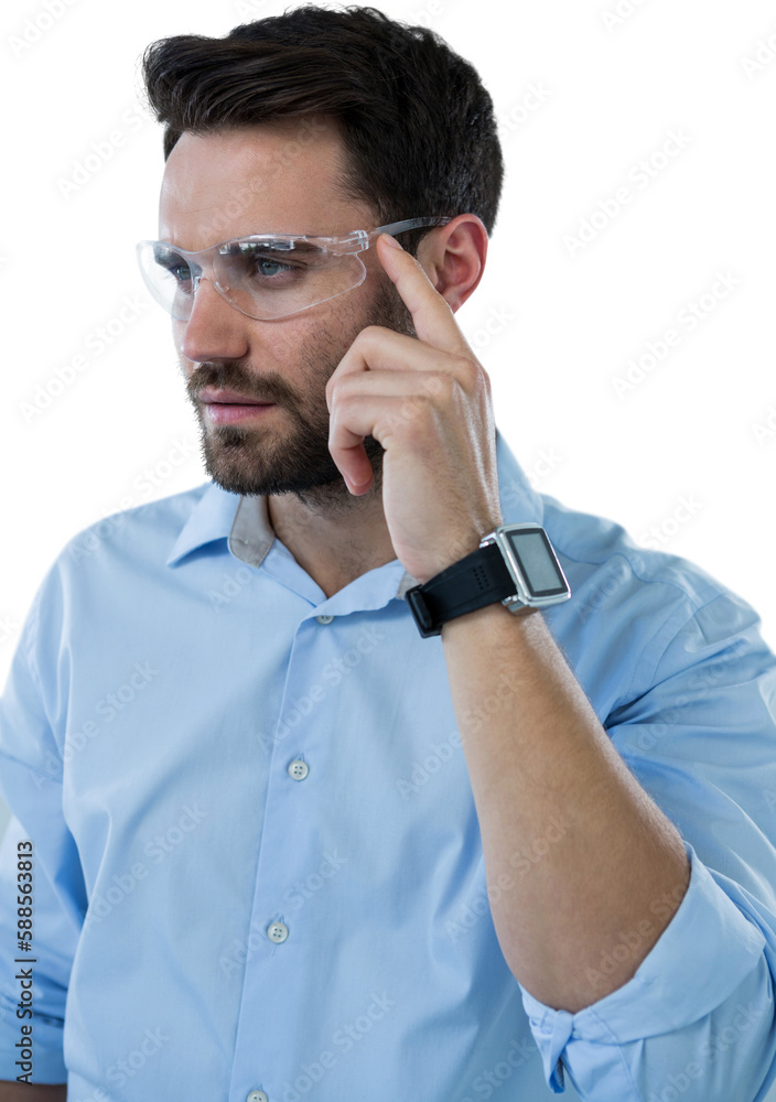 Man wearing smart watch and protective eyewear Man wearing smart watch and protective eyewear
