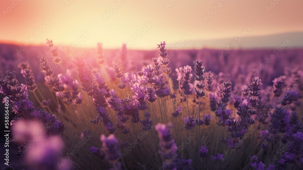 Naklejka premium A Field of Lavender: Close-Up of Purple Blooms (Generative AI)