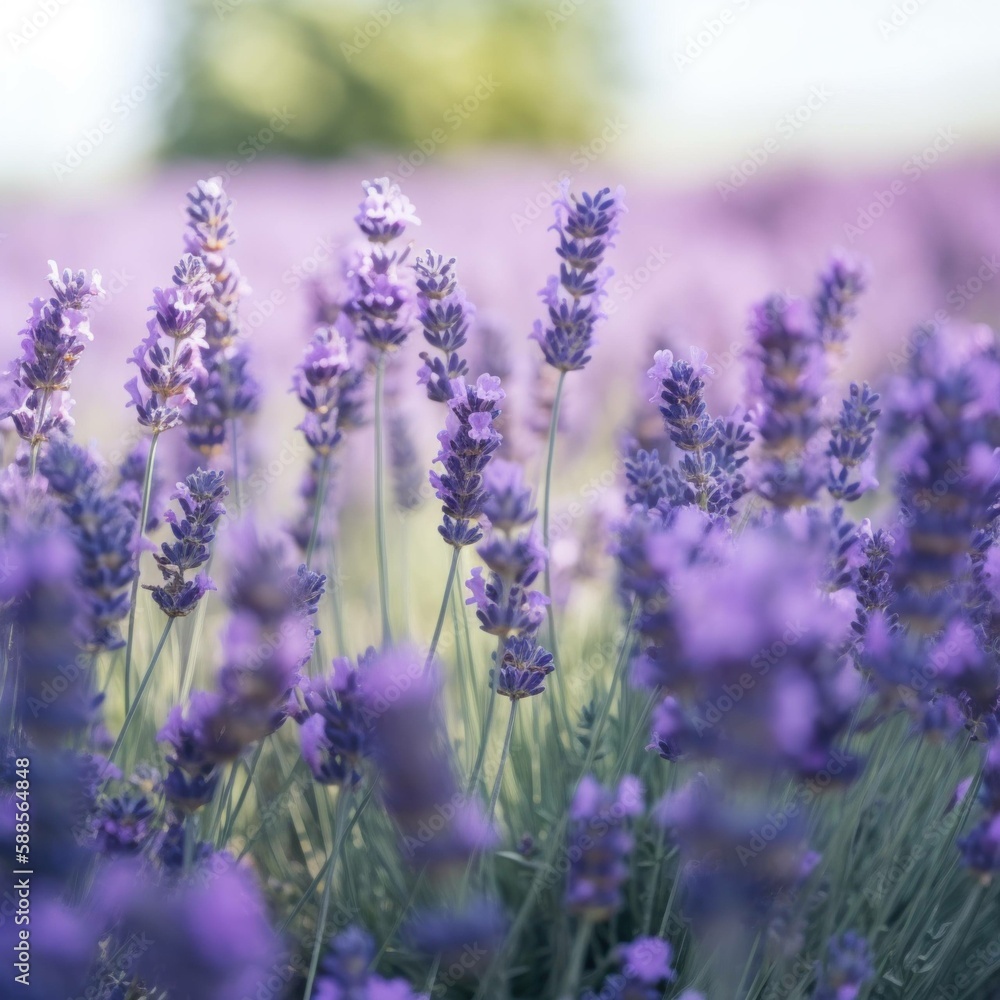 Obraz premium Lavender Symphony: Close-Up of a Field Filled with Purple Blooms (Generative AI)