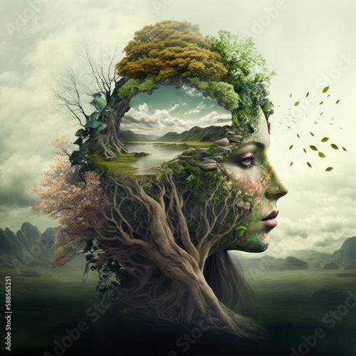 relaxing mind abstract double exposure, ocean meditation calm green nature earth with human head person, generative ai, tree roots, elegant 	